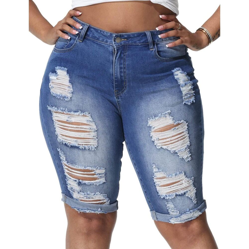 Stretchy High Waisted Ripped Distressed Denim Shorts, SIZE 24W, 9K-145B004